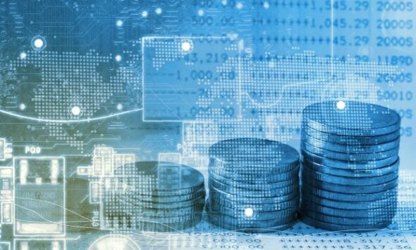 Fintech concept. Financial and Technology. Gold coins on banknotes and abstract binary code cryptocurrency or digital money. global money, . concept of financial world, finance and banking international.