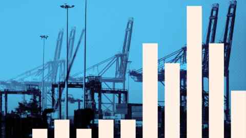 A montage of blue stacked container ships with a vertical bar graph in front