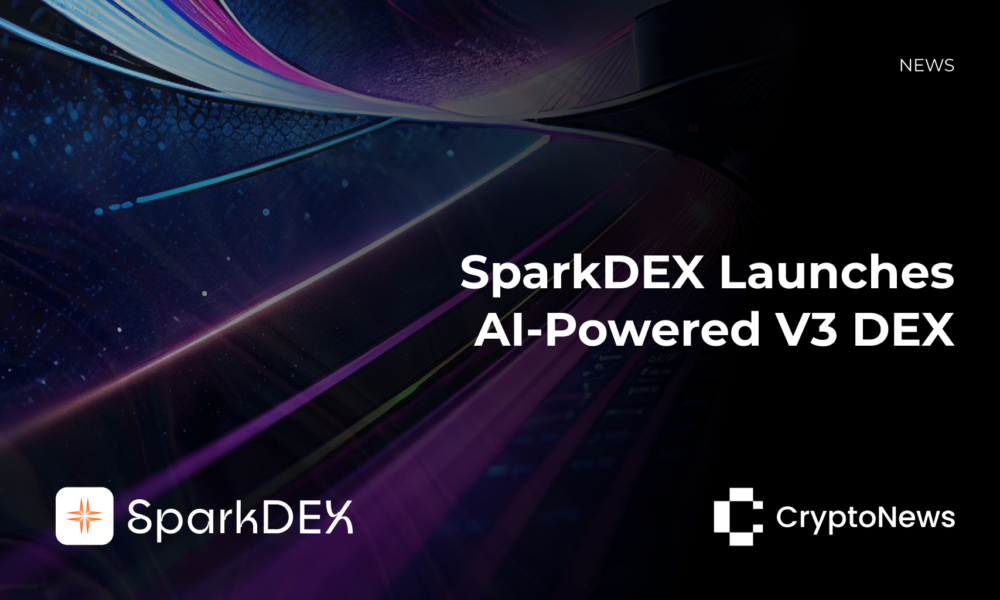 Abstract futuristic background with flowing blue and purple light streams. Text overlay reads 'SparkDEX Launches AI-Powered V3 DEX'. SparkDEX and CryptoNews logos at bottom.