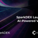 Abstract futuristic background with flowing blue and purple light streams. Text overlay reads 'SparkDEX Launches AI-Powered V3 DEX'. SparkDEX and CryptoNews logos at bottom.